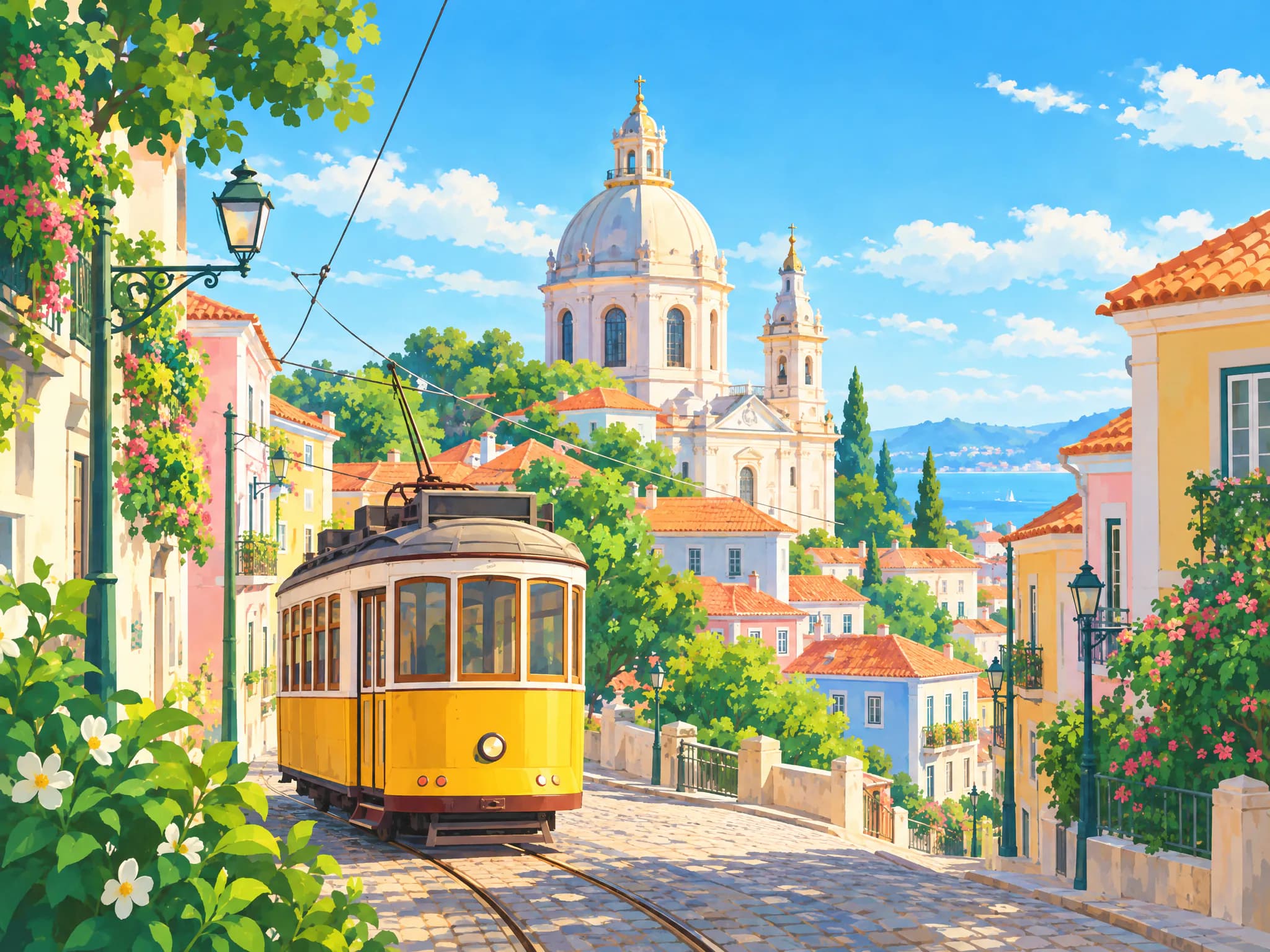 Illustration of a yellow tram by the Estrela Basilica in Lisbon, Portugal