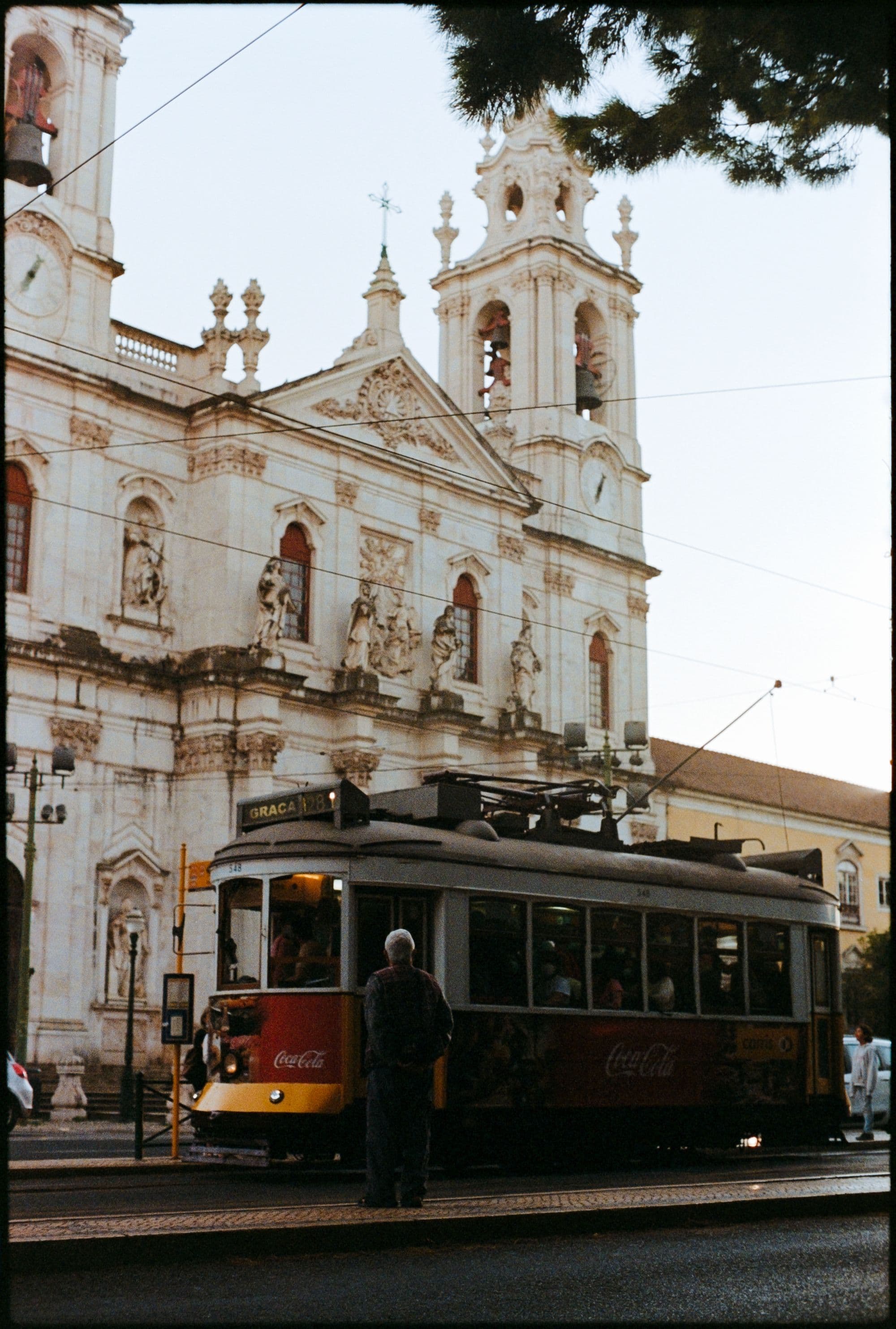 Tram on Street by Estrela Basilica in Lisbon, Portugal