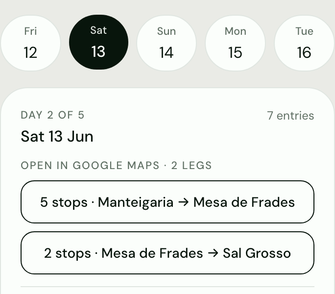 WeRoam itinerary, day 2 of 5, Sat 13 Jun, with two legs to open in Google Maps.