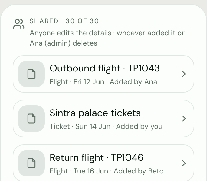 WeRoam wallet, shared documents of the Lisbon trip: Outbound flight TP1043, Sintra palace tickets and Return flight TP1046.